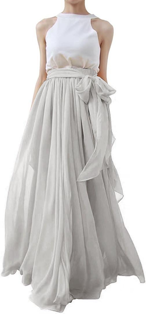 Lanierwedding Summer Beach Chiffon Long High Waist Maxi Skirt with Belt for Wedding 2017 Grey Size M