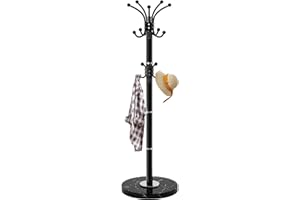LOZABEE Metal Heavy Duty Coat Rack Stand, Modern Freestanding Coat Rack with Natural Marble Base, 360° Roraty Coat Racks with 16 Hooks, Black Coat Hall Tree Hanger Stand for Entryway, Office