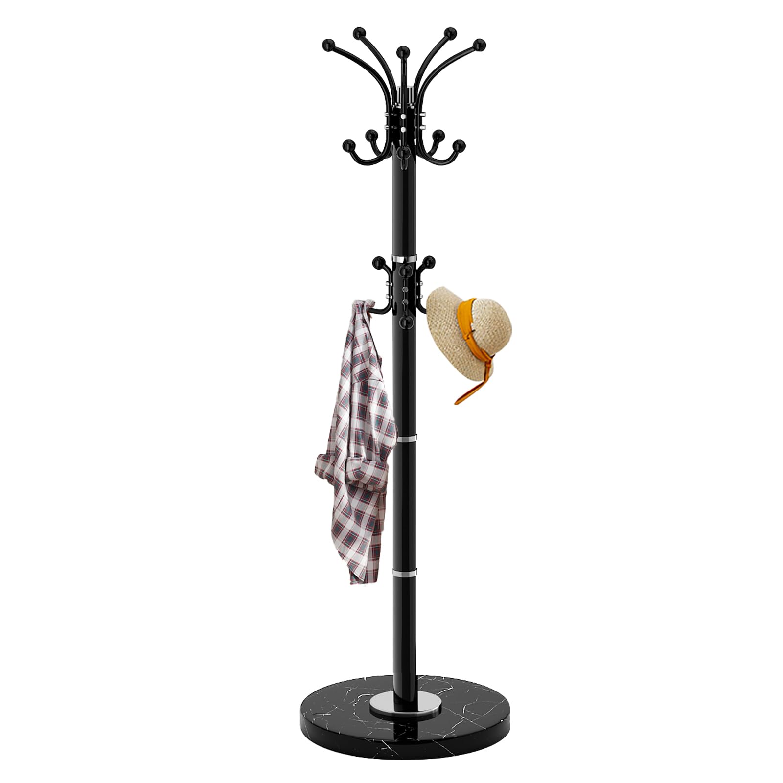 Photo 1 of LOZABEE Metal Heavy Duty Coat Rack Stand, Modern Freestanding Coat Rack with Natural Marble Base, 360° Roraty Coat Racks with 16 Hooks, Black Coat Hall Tree Hanger Stand for Entryway, Office
