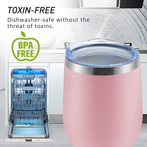 DOMICARE Insulated Wine Tumbler with Lid (2 Pack, Pink) - 12 OZ Stemless Double Wall Vacuum Traval Mug - Keeping Cold & Hot for Wine, Coffee, Cocktails, Drinks