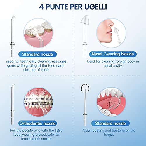 Irrigatore Orale Professionale, Filo Interdentale Portatile, 5 Modalità e 4 Specie 360° Sostituzione di ugello Rotante, Cura Dentale, Linea di Acqua orale, Ricarica USB, Adatto per Viaggi e Famiglia