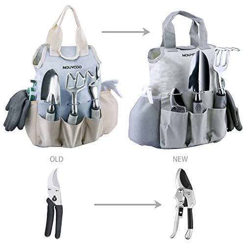 NOUVCOO Upgraded Garden Tool Set with Plant Ties,10 Pieces Stainless Steel Hand Tool Kit,Durable Storage Tote Bag,Pruner,Shovel,Fork,Rake,Shears,Weeder,Gloves,Water Sprayer,Plant Ties NC24