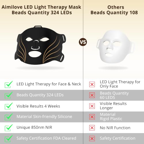 Aimilove LED Light Therapy Mask for Face & Neck,4 Light Modes Red Blue Infrared & Mixed Light, 850nm Infrared Light, Soft Silicone LED Face Mask, Portable Home Skin Care Device for Wrinkles & Acne