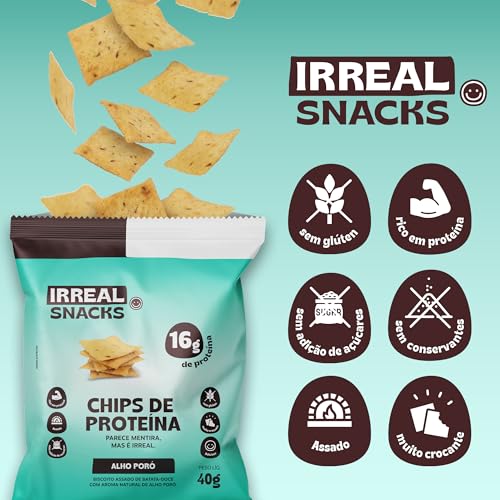 Irreal Snacks Alho Poró, Snack Proteico Salgado, 40g, Feito com Batata Doce, Caseinato de Cálcio e Proteína de Arroz