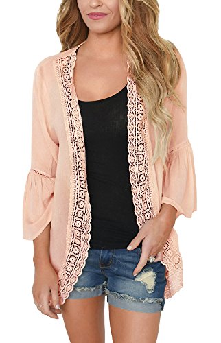 PRETTODAY Women's Loose Kimono Summer Cover Up Tops 3/4 Sleeves Solid Color Casual Blouse