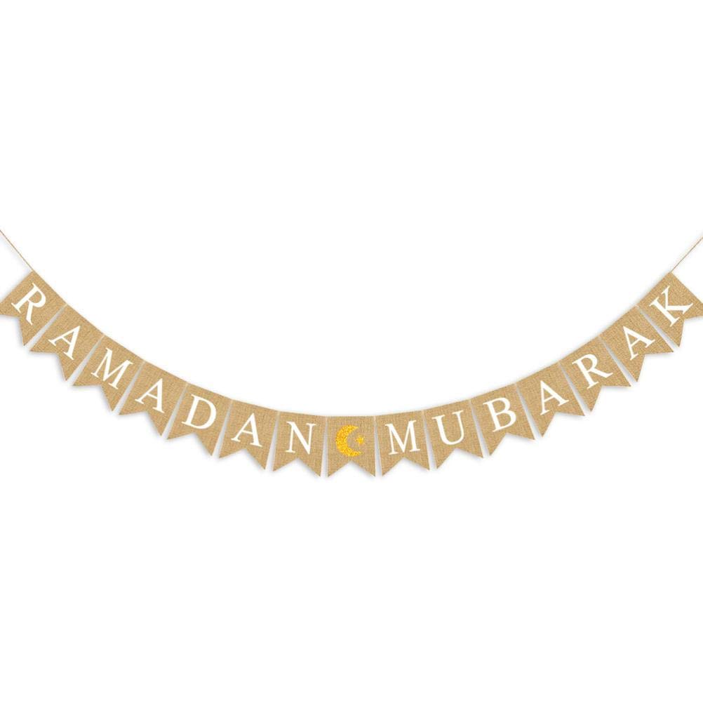 Sahgsa Eid Mubarak Banner Hessian Muslim Ramadan Bunting Decoration Eid Celebration Hanging Banner for Muslim Islam Ramadan Decoration