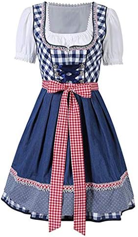 GROOMY 3Pcs/Set Women Barmaid Dirndl Dress Cross Bandage Square Neck Short Sleeve Plaid Bavarian Oktoberfest Costumes Halloween Carnival Party