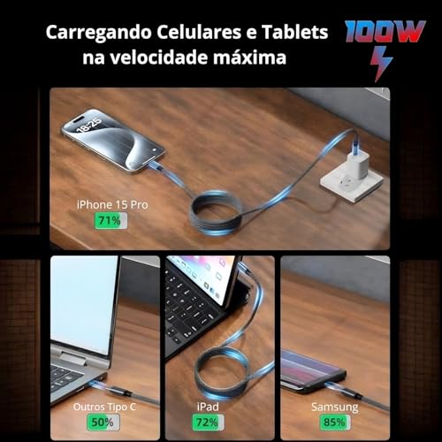 Cabo USB-C para USB-C 2 Metros 100W - Carregamento Rápido - Compatível com Smartphones e Tablets USB-C - Design Resistente em Nylon Trançado