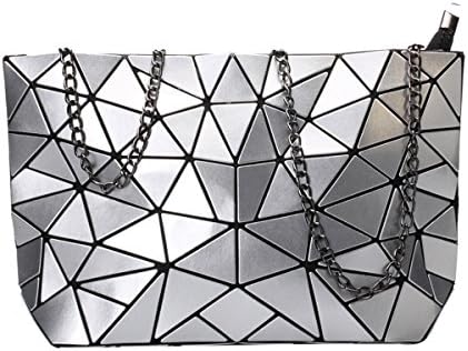 Flada Womens Metallic Color PU Leather Geometric Split Joint Plaid Shoulder Bags with Chain