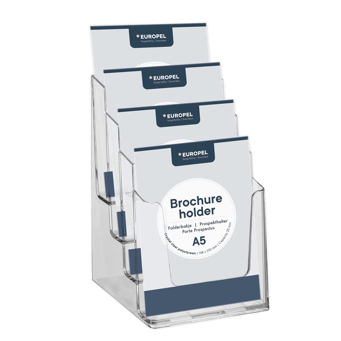 EUROPEL Tiered Brochure Holder Stand - Injection Multiple Stand - 4x DIN A5 - Transparent for Offices - Brochure Holder Portrait Format for Menus, Leaflets, Flyers
