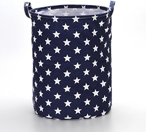 VuHom 19.7" Large Laundry Hamper (Available 17.7" and 13.7"), Drawstring Waterproof Round Cotton Linen Collapsible Storage Basket Star Deisgn (Royal Blue)