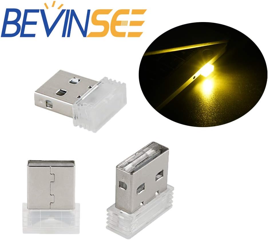 Bevinsee Mini USB Led Light For Car Plug-In 5V Lamp Interior Ambient Lighting Kit,Yellow,3pcs
