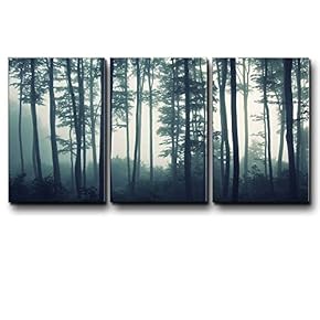 Three Piece Canvas - Teal Tree Forest in a Foggy Morning on 3 Panels - Canvas Art Home Art - 16x24 inches