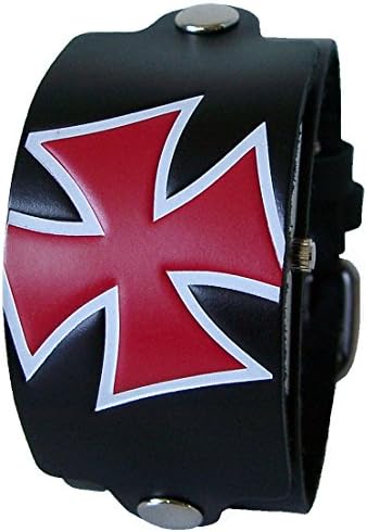 Beyond Men's Iron Cross Covered 2 Layer Watch - Red Black Snap Off Genuine Leather Wide Cuff Band