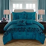Chic Home 10 Piece Denver Rouching Pleated Ruffles Complete Bed In A Bag Comforter Set Sheets Set And Deocrative Pillows Included, Queen, Teal