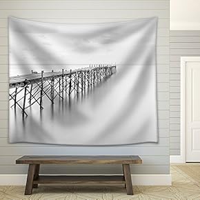 Black and White Photography of a Beach Wooden Pier - Fabric Wall Tapestry Home Decor - 51x60 inches