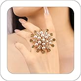 Yheahin Elegant Big Crystal Ring for Women Gold Stacking Pearl Rhinestone Flower Rings Open Finger Adjustable Crystal Statement Ring Jewelry for Bridal Wedding