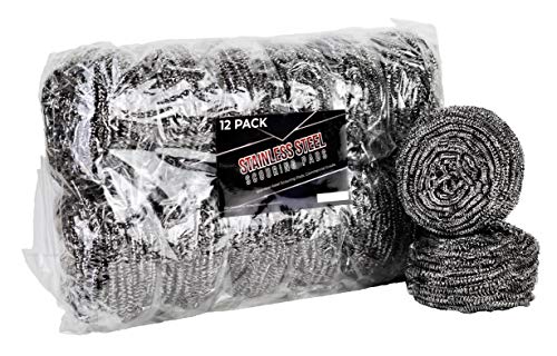 Brheez Stainless Steel 3" Scouring Pads - Heavy Duty Commercial Individually Wrapped Scrubbing Wool Sponges (Pack of 12)