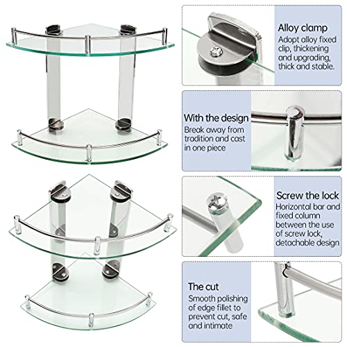 Bathroom Shelves,2 Tier Glass Shelves Wall Mounted with Stainless Steel Bracket,Corner Shower Shelf to Hold Seasoning Bottle/Liquid Soap/Shampoo Bottle(Radius: 9.8\'\')