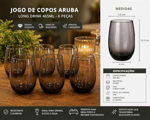 Jogo de Copos Long Drink Aruba 465ml Cinza Fumê em Vidro – Kit com 6 Peças Elegantes para Água, Suco e Drinks