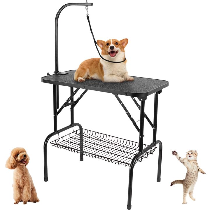GRANDMA SHARK Dog Grooming Table, 32'' Foldable Pet Grooming Table with Adjustable Fixed Arm and Mesh Storage Basket Maximum Capacity 100KG (Single Tether)