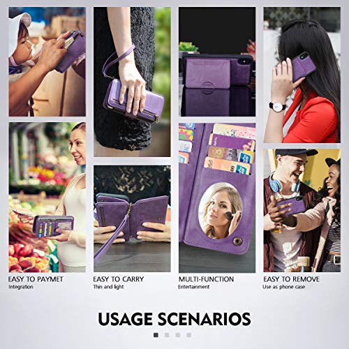 iPhone Wallet Case for XR, CORNMI Zipper PU Leather Purple Wallet Case Cover Credit Card Holder Slot Cases with Kickstand Flip Folio Cover for iPhone XR 6.1" - Thumbnail 7