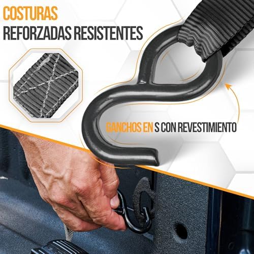 Set de Correas de Amarre con Tensor de Trinquete, Resistencia 249 kg de Carga, 748 kg al Rompimiento, 4 Ganchos de Acero Plastificado, 4 Correas de 4.5m, 4 Hebillas (Negro)