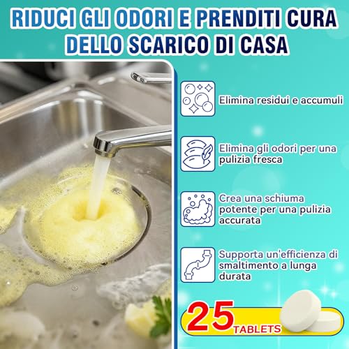 Smelly Drain Cleaning Tablets - 25 Effervescent Tablets - Eliminates Bad Odors from Sink, Toilet, Shower and Kitchen - Suitable for PVC, Steel and Septic Tanks
