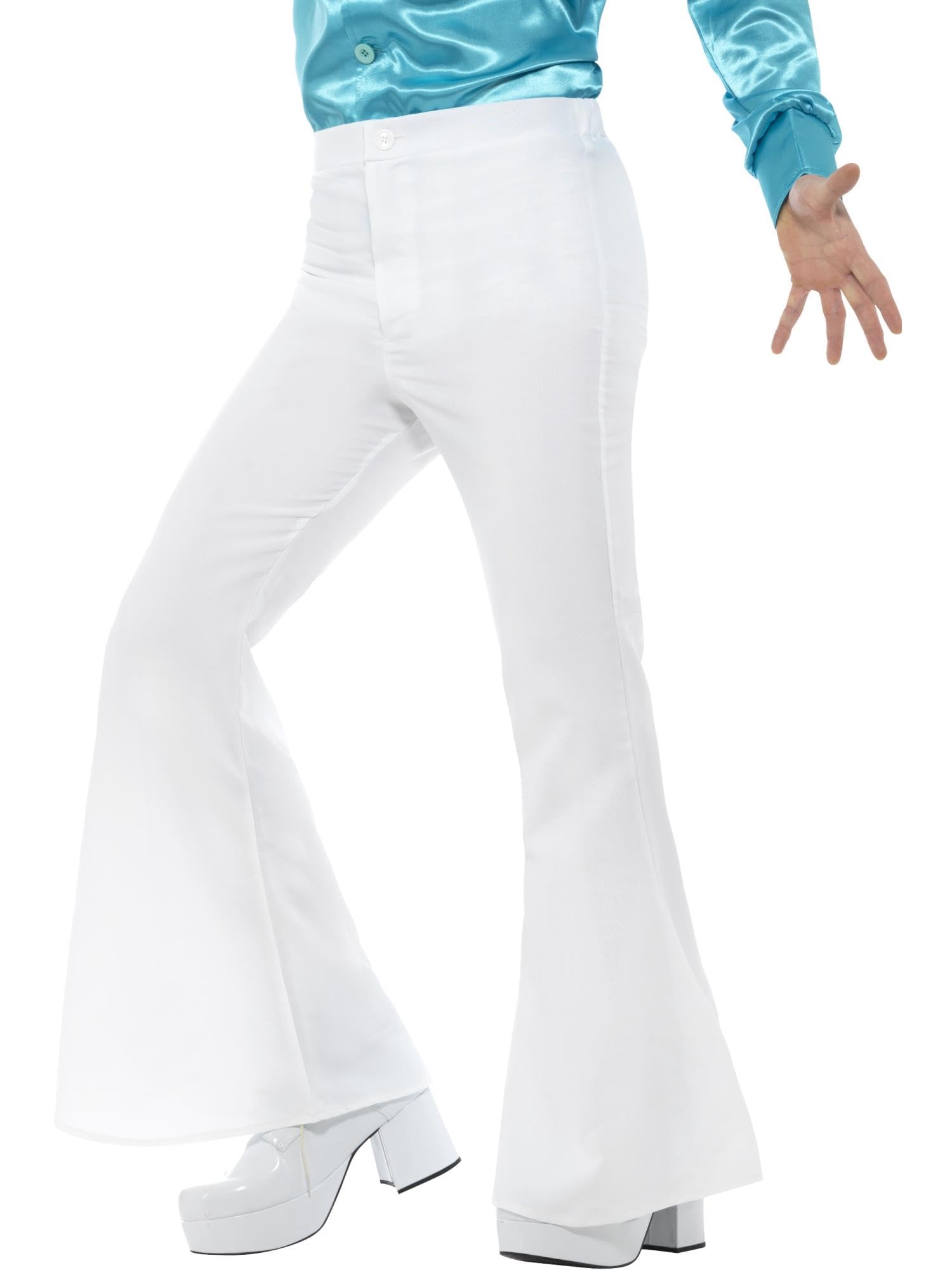 Smiffys Men’s White Flared Trousers, 1960s Fancy Dress Costume, Retro Disco Pants for Adults, Ideal for Decade-Themed Parties, Festivals, and Halloween, M