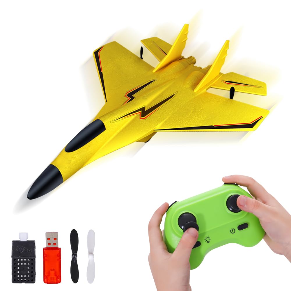IXYHKB RC Airplane, 2 Channel RC Plane Ready to Fly, 2.4GHz Remote Control Airplane, RC Planes with LED Light, Remote Control Wireless airplane Toy for Adult Beginners (Yellow)