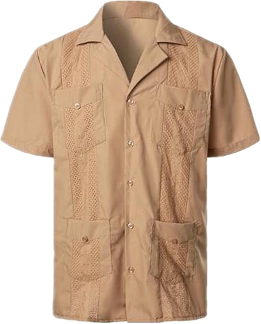 Men's Shirt Short Sleeve Embroidered Style Beach Shirt with 4 Pockets: Amazon.co.uk: Clothing