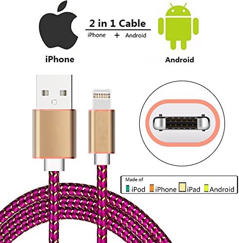 WayWay iPhone Lightning Cable, Micro USB Dual Charging Cable, 2 in 1 Braided Charger Cable for iPhone 7 / 7 Plus /6 /6S Plus / iPad / Samsung Galaxy S 7/ S7 Edge / S6 Edge and More (1m, pink)