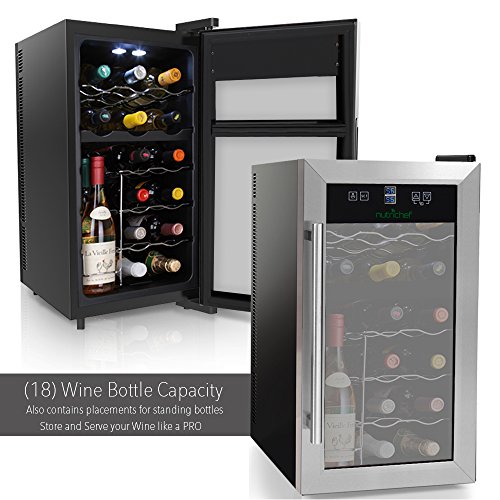 NutriChef PKDSWC18 18 Bottle Dual Zone Thermoelectric Wine Cooler - Red and White Wine Chiller - Countertop Wine Cellar - Freestanding Refrigerator - With LCD Digital Touch Controls - Stainless Steel