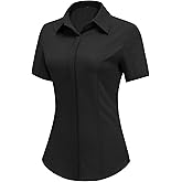 HOTOUCH Women Short Sleeve Button Down Shirts Business Work Fitted Collared Blouse Office Basic Summer Tops S-2XL