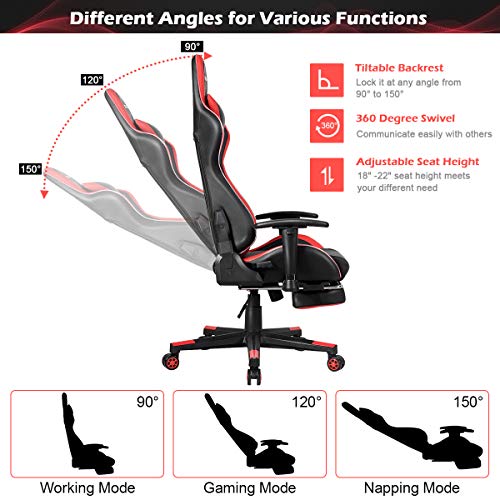 Goplus Massage Gaming Chair with LED Light, Reclining Backrest