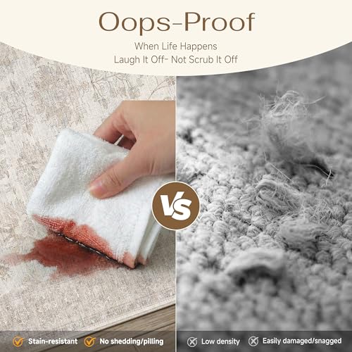 PureCozy 8x10 Beige Rug for Living Room Washable Vintage Bedroom Soft Rug | Indoor Rug,for Dining Room/Nursery/Office,Large,Non-Slip,Pets Friendly,Foldable,Tapis salon,0.24inchs Thick,100% polyester