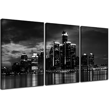 NAN Wind 3 Pcs Wall Art Beautiful Detroit Skyline Black & White Canvas Art Paintings for Room Decor Cityscape Skyscrapers Night Scene Picture Prints On Canvas for Home Decor Modern Giclee Framed