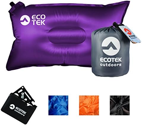 EcoTek Outdoors Compact Inflatable Camp Travel Pillow + Bonus 11-in-1 Wallet Multitool Survival Card [Violet]