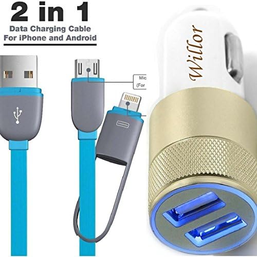 iPhone Car Charger, Willor Rapid Dual USB Car Charger with Mic USB &amp; 8-pin to USB Lightning Cable for iPhone, iPad,Samsung Galaxy/Note, Sony Xperia, Moto X, Sharp Aquos, LG, HTC