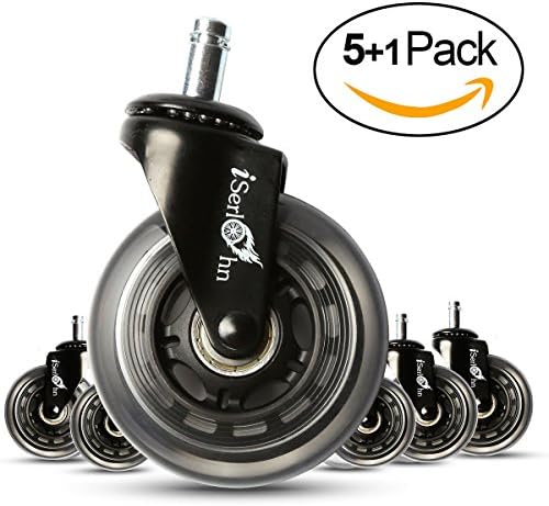 Iserlohn Office Chair Wheels 3 Inch Replacement Rollerblade Style Universal Caster 6 pack(5 Pack+1), Safe for Floors Including Hardwood and Carpet, Standard Stem Size Easy Installation