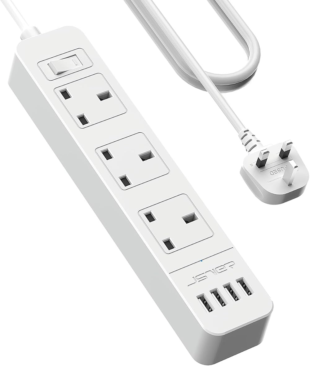 JSVER Extension Lead USB 3 Outlets 4 USB 10.5W 13A 245mm White