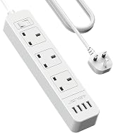JSVER Extension Lead USB 3 Outlets 4 USB 10.5W 13A 245mm White