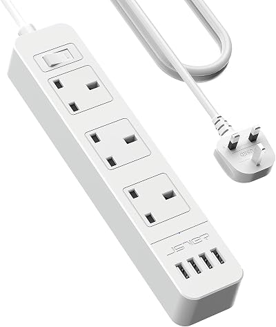 JSVER Extension Lead USB 3 Outlets 4 USB 10.5W 13A 245mm White