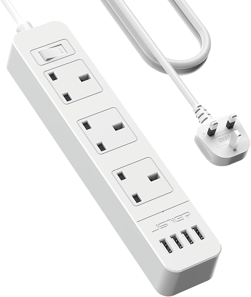 JSVER Extension Lead USB 3 Outlets 4 USB 10.5W 13A 245mm White