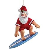 The Bridge Collection Surfing Santa Ornament - Beach Santa Claus On Surfboard Christmas Tree Ornament for Surfers