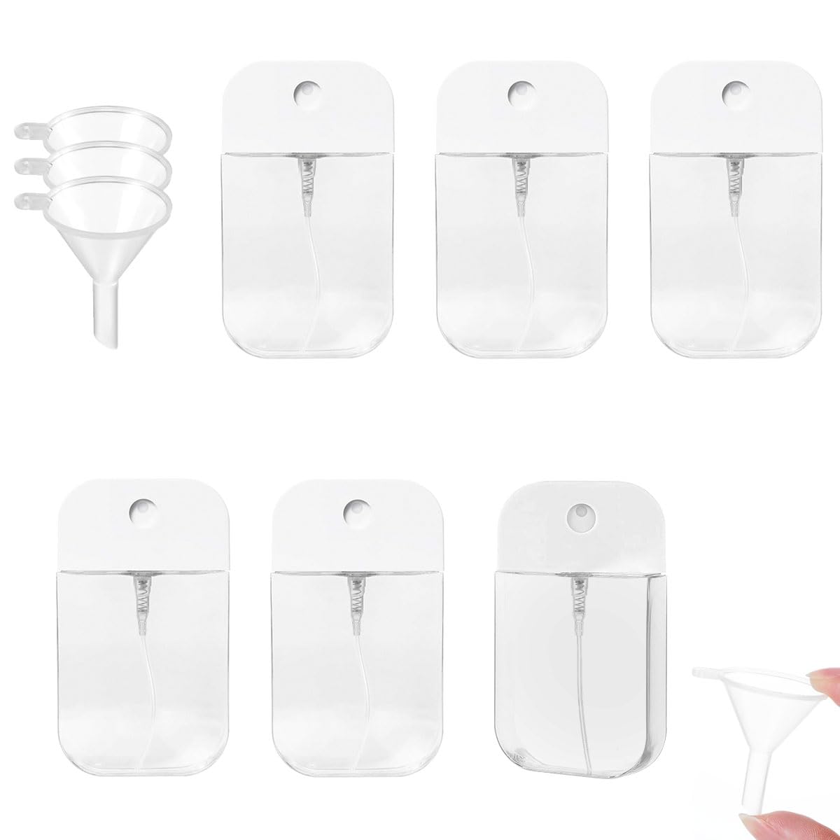 Photo 1 of **DAMAGED**
6PCS Portable Card Clear Spray Bottles 50ML Refillable Plastic Perfume Atomizer Vials for essential oils,facial mists hair moisturizing water hand sanitizer,3 funnels are also given away (White)