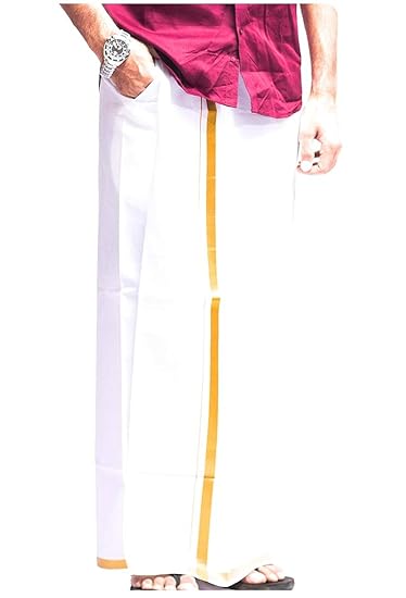 Men's premium Cotton Velcro Pocket dhoti/Gold zari) (White, 2 Meter)