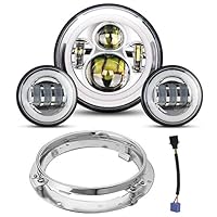 7" LED Headlight 4.5 Passing Lights for Road King/Road Glide/Street Glide/Electra Glide with Bracket Mounting Ring and Wire Adapter (Chrome Set-Silver)