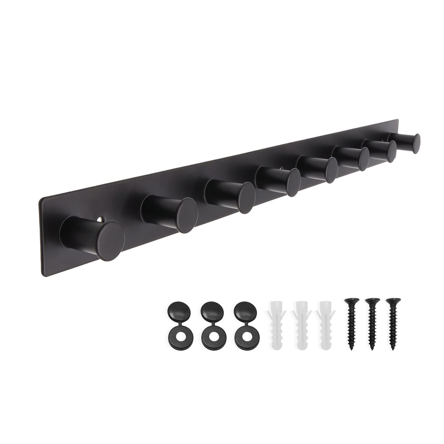 SYPEN Hook Rail Stainless Steel Coat Hooks, Wall Hooks, Screws, Coat Rack with 8 Hooks (Black, 8 Hooks)