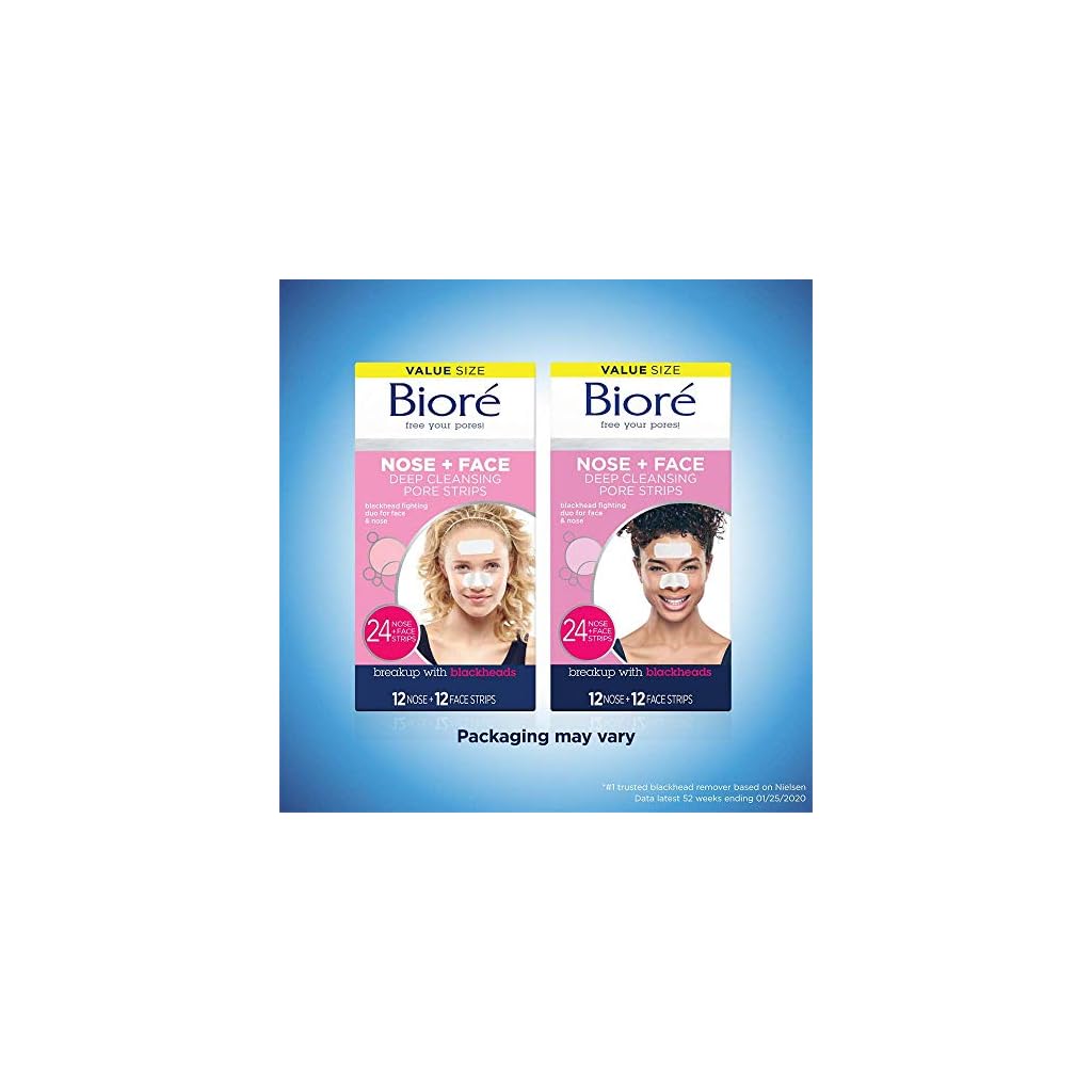 Bioré Nose+Face Blackhead Remover Pore Strips, 12 Nose + 12 Face Strips for Chin or Forehead